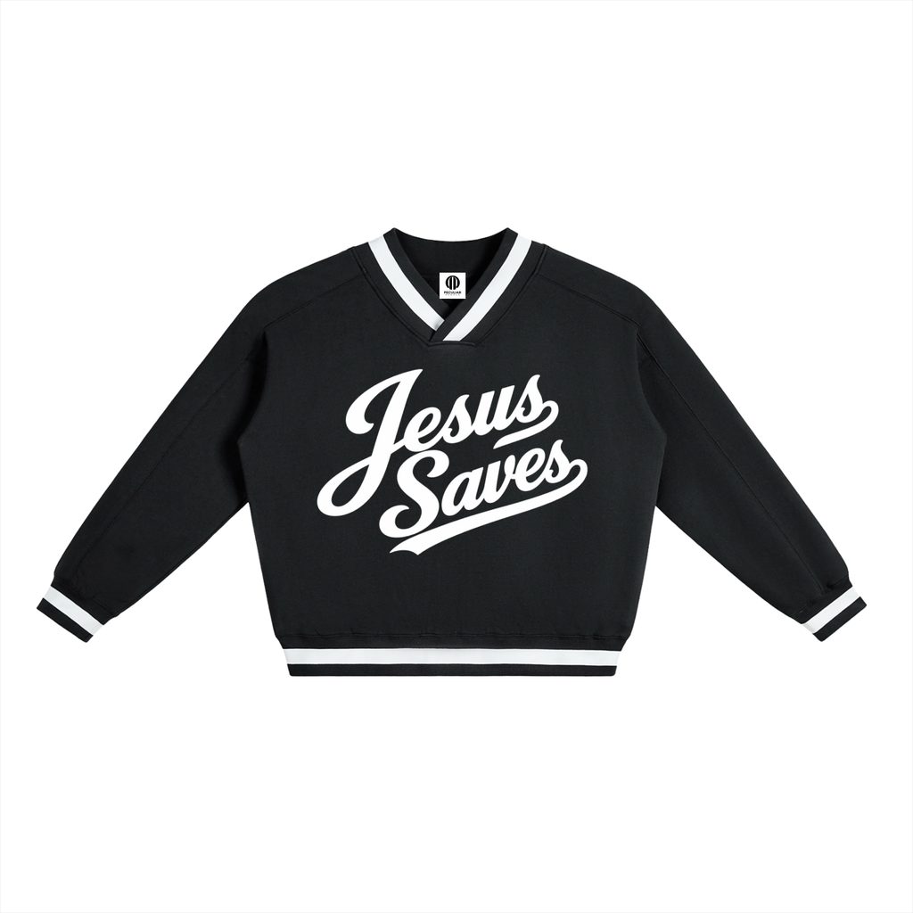 JESUS SAVES — V-Neck Contrast Collar Boxy Sweatshirt