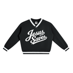 JESUS SAVES — V-Neck Contrast Collar Boxy Sweatshirt