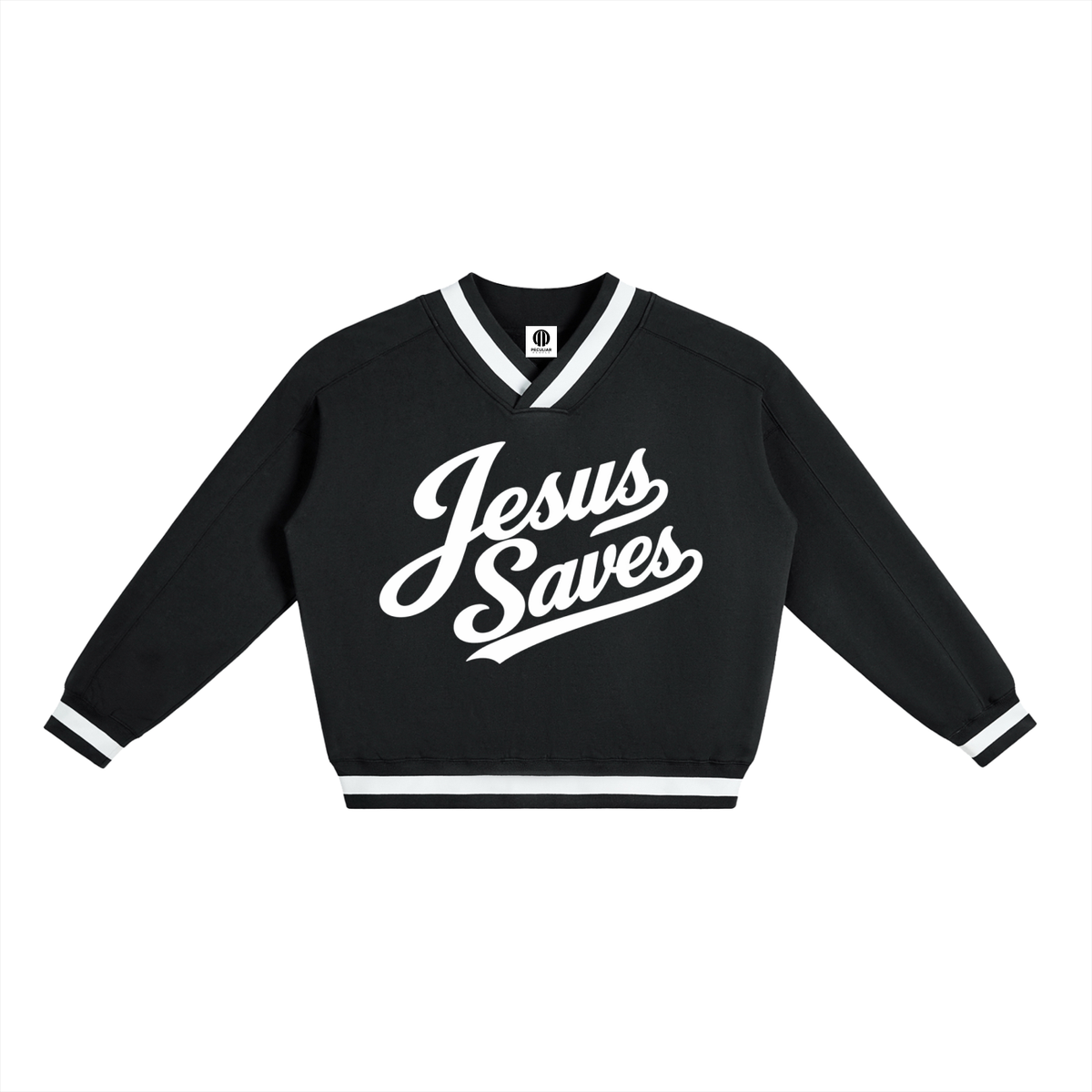 JESUS SAVES — V-Neck Contrast Collar Boxy Sweatshirt
