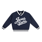 JESUS SAVES — V-Neck Contrast Collar Boxy Sweatshirt
