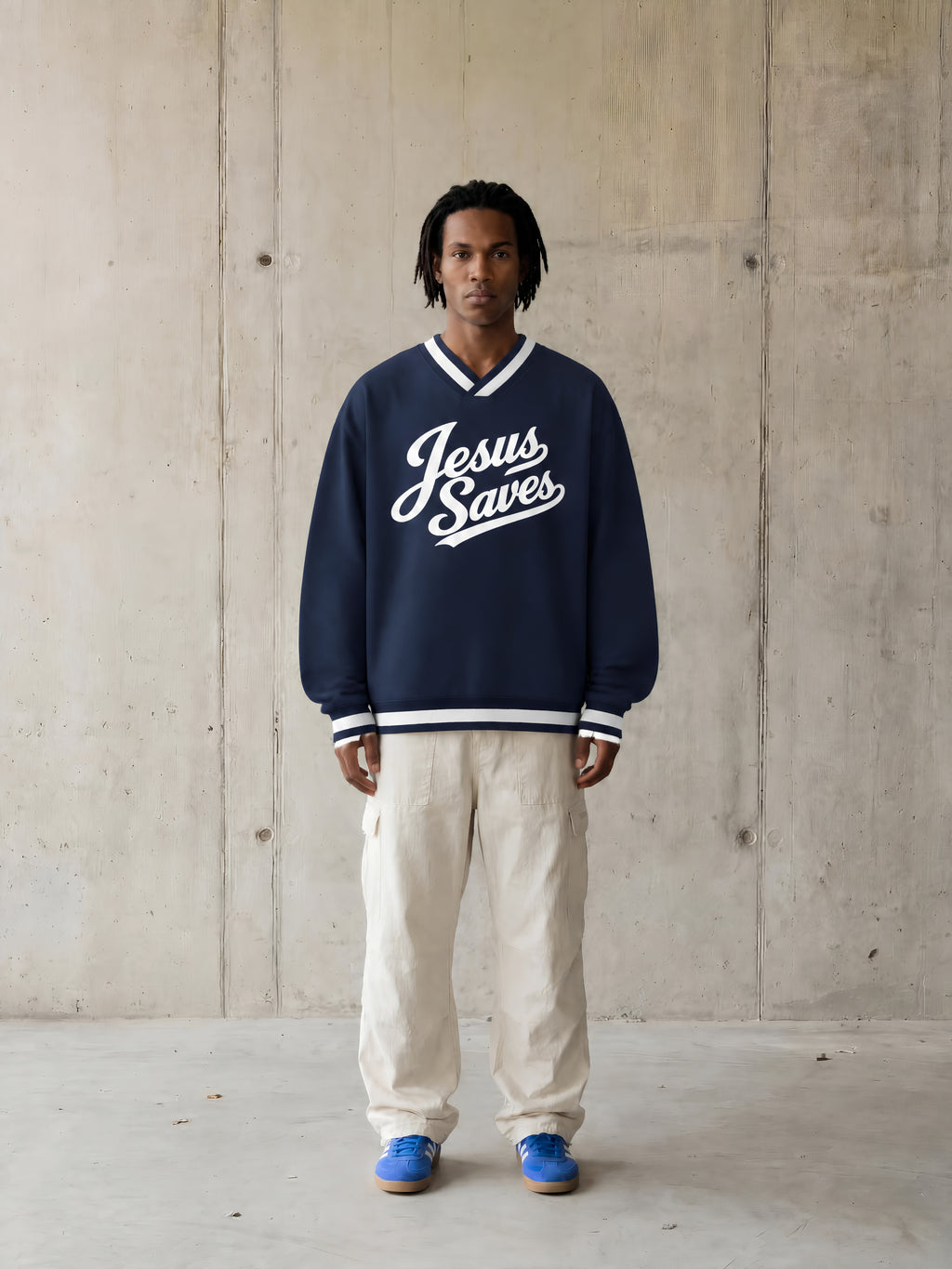 JESUS SAVES — V-Neck Contrast Collar Boxy Sweatshirt