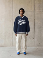 JESUS SAVES — V-Neck Contrast Collar Boxy Sweatshirt