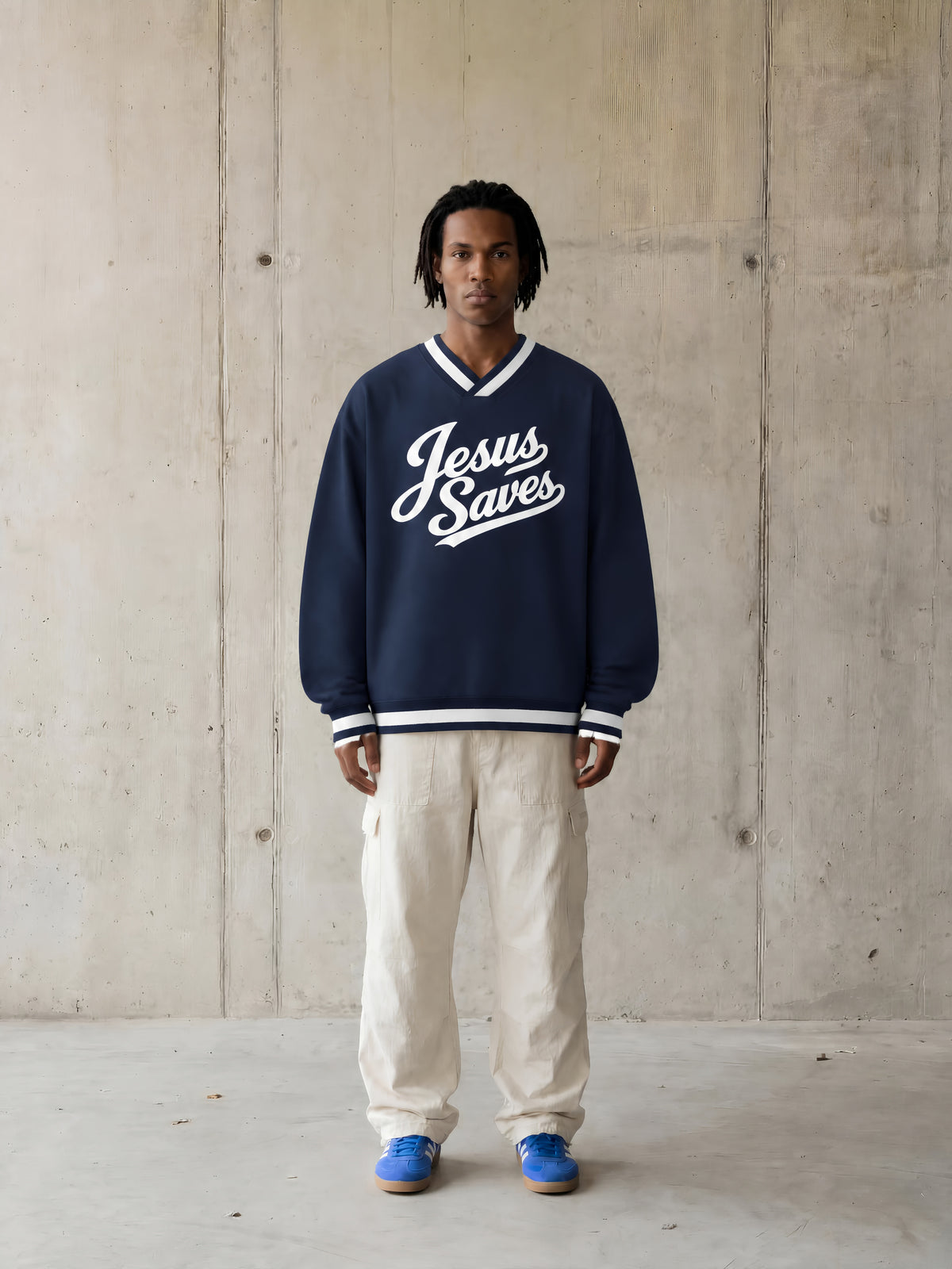 JESUS SAVES — V-Neck Contrast Collar Boxy Sweatshirt