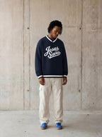 JESUS SAVES — V-Neck Contrast Collar Boxy Sweatshirt