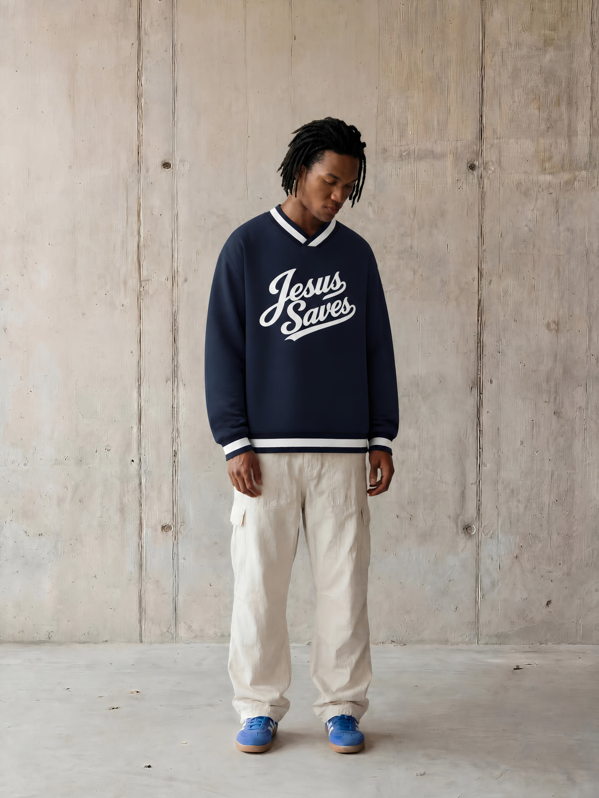 JESUS SAVES — V-Neck Contrast Collar Boxy Sweatshirt