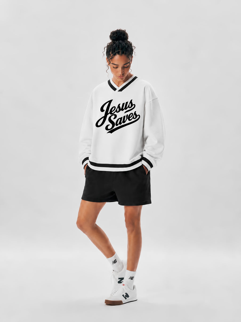 JESUS SAVES — V-Neck Contrast Collar Boxy Sweatshirt