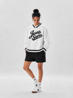 JESUS SAVES — V-Neck Contrast Collar Boxy Sweatshirt