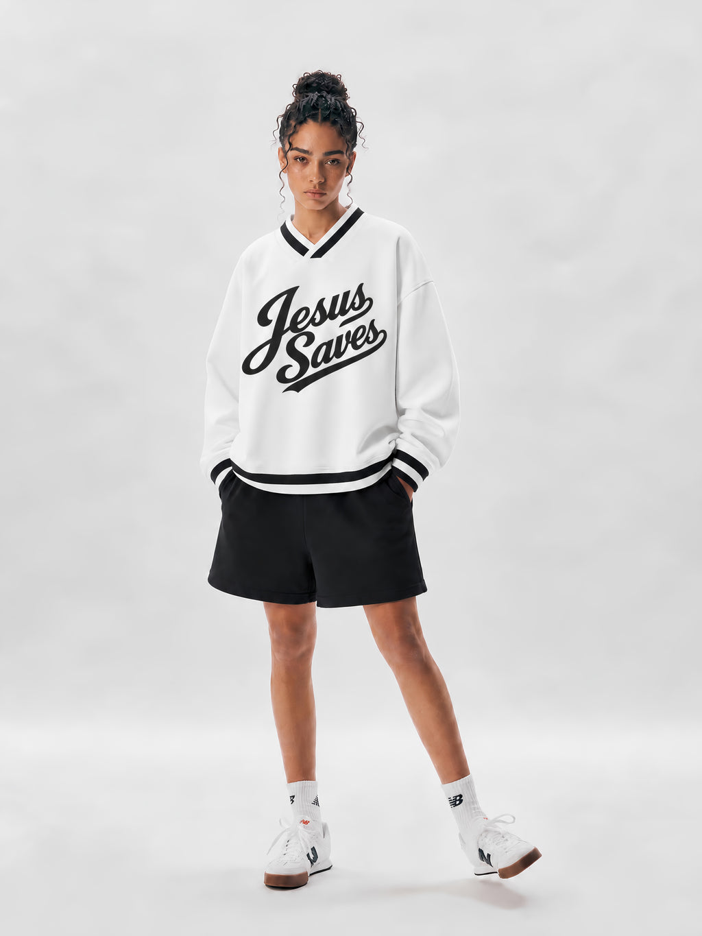 JESUS SAVES — V-Neck Contrast Collar Boxy Sweatshirt