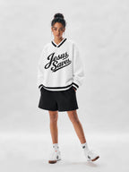JESUS SAVES — V-Neck Contrast Collar Boxy Sweatshirt
