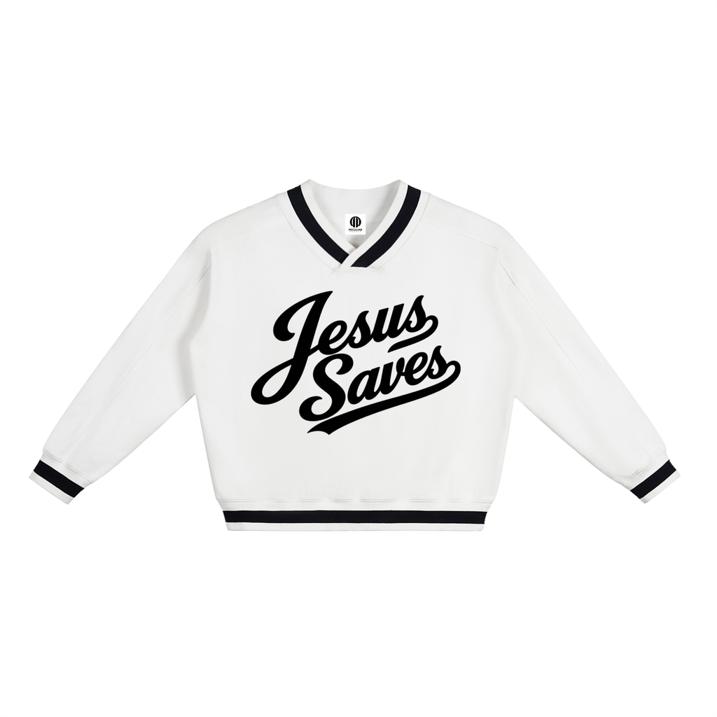 JESUS SAVES — V-Neck Contrast Collar Boxy Sweatshirt