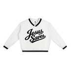 JESUS SAVES — V-Neck Contrast Collar Boxy Sweatshirt