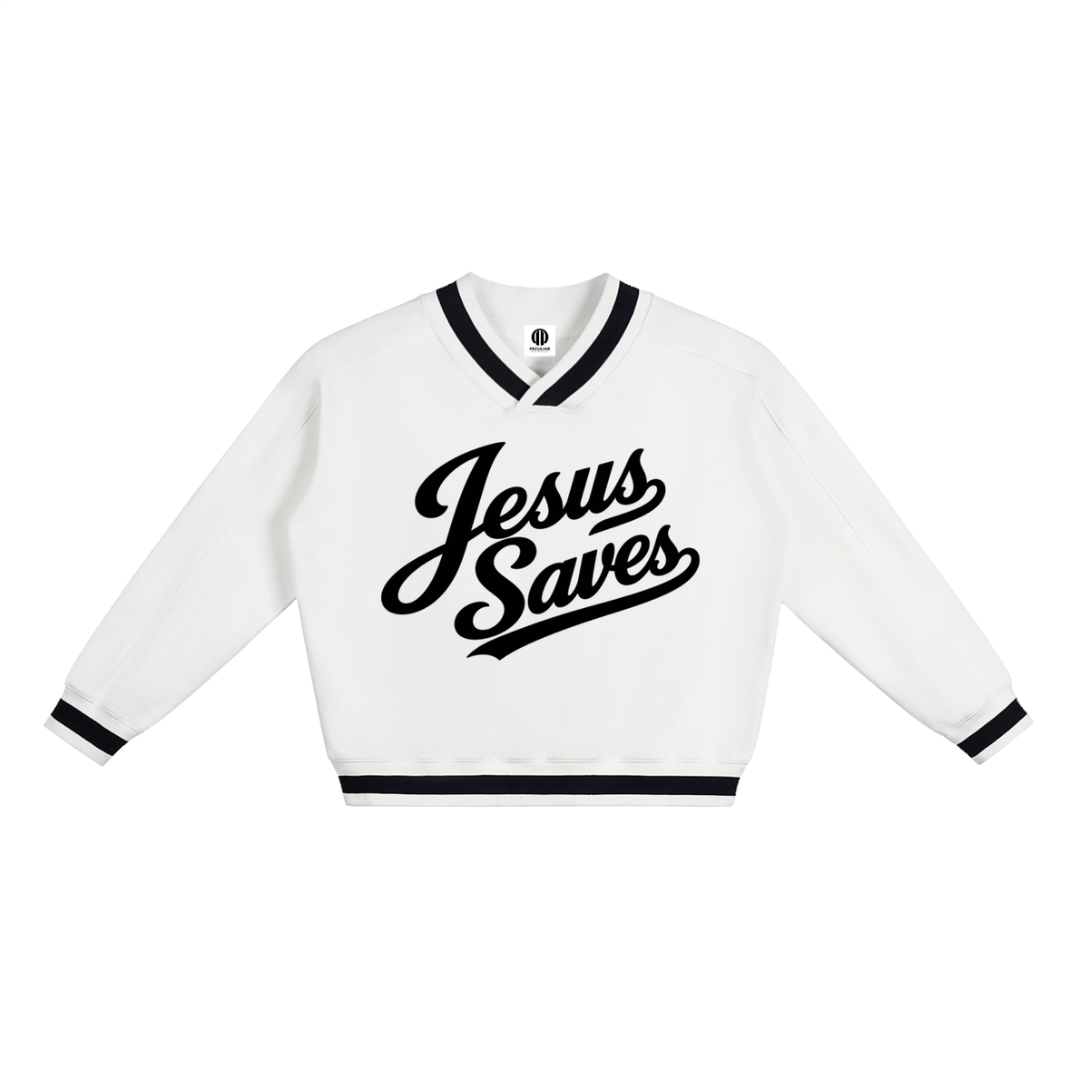 JESUS SAVES — V-Neck Contrast Collar Boxy Sweatshirt